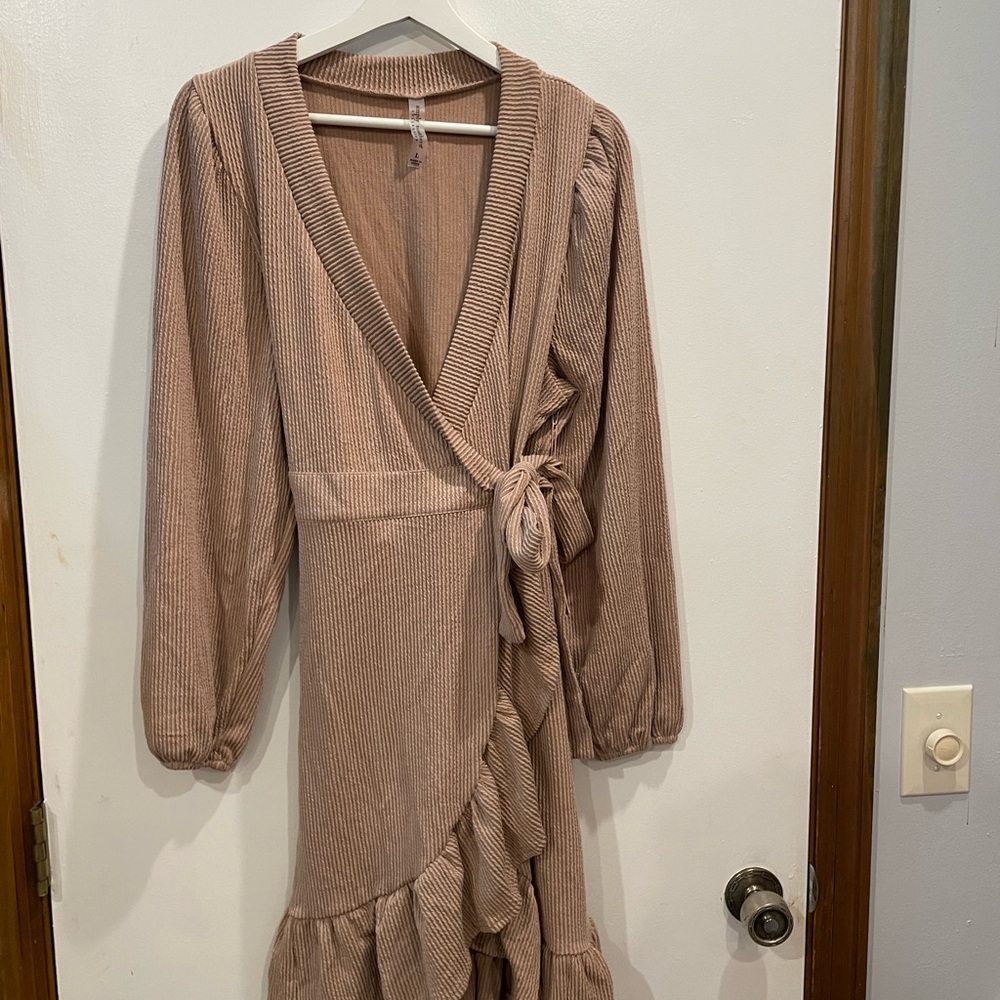 Ribbed Wrap Midi Dress in Tan